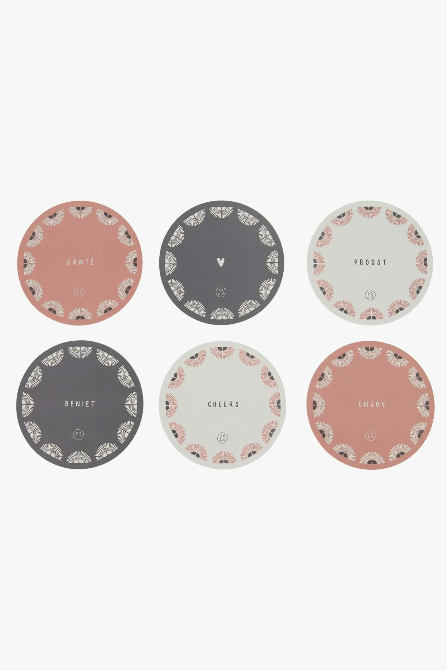 ZUSSS Set van 6 onderzetters rond zand/antracietgrijs/terra roze