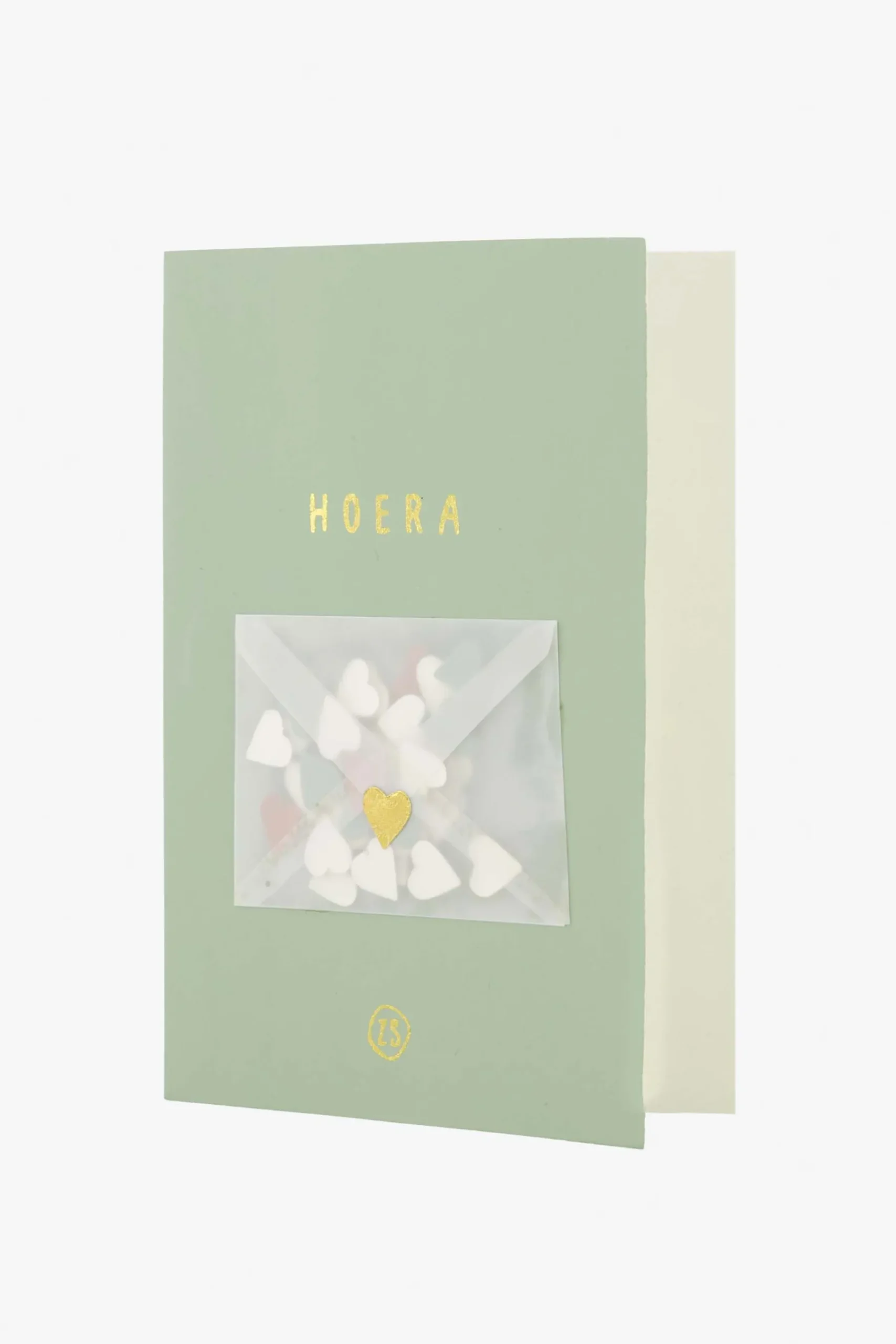 ZUSSS wenskaart hoera met hartjes confetti saliegroen